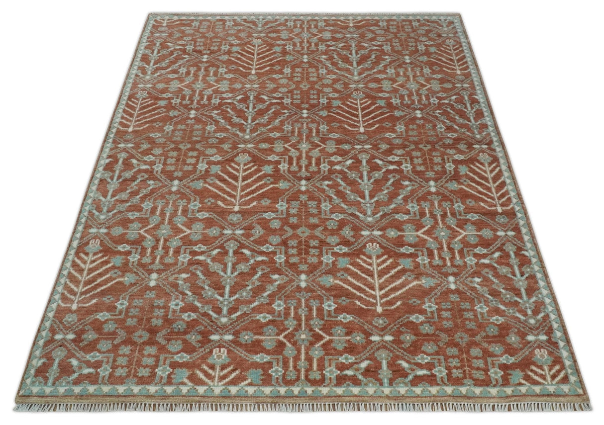 Hand knotted Multi Size Rust and Aqua Floral wool Area Rug