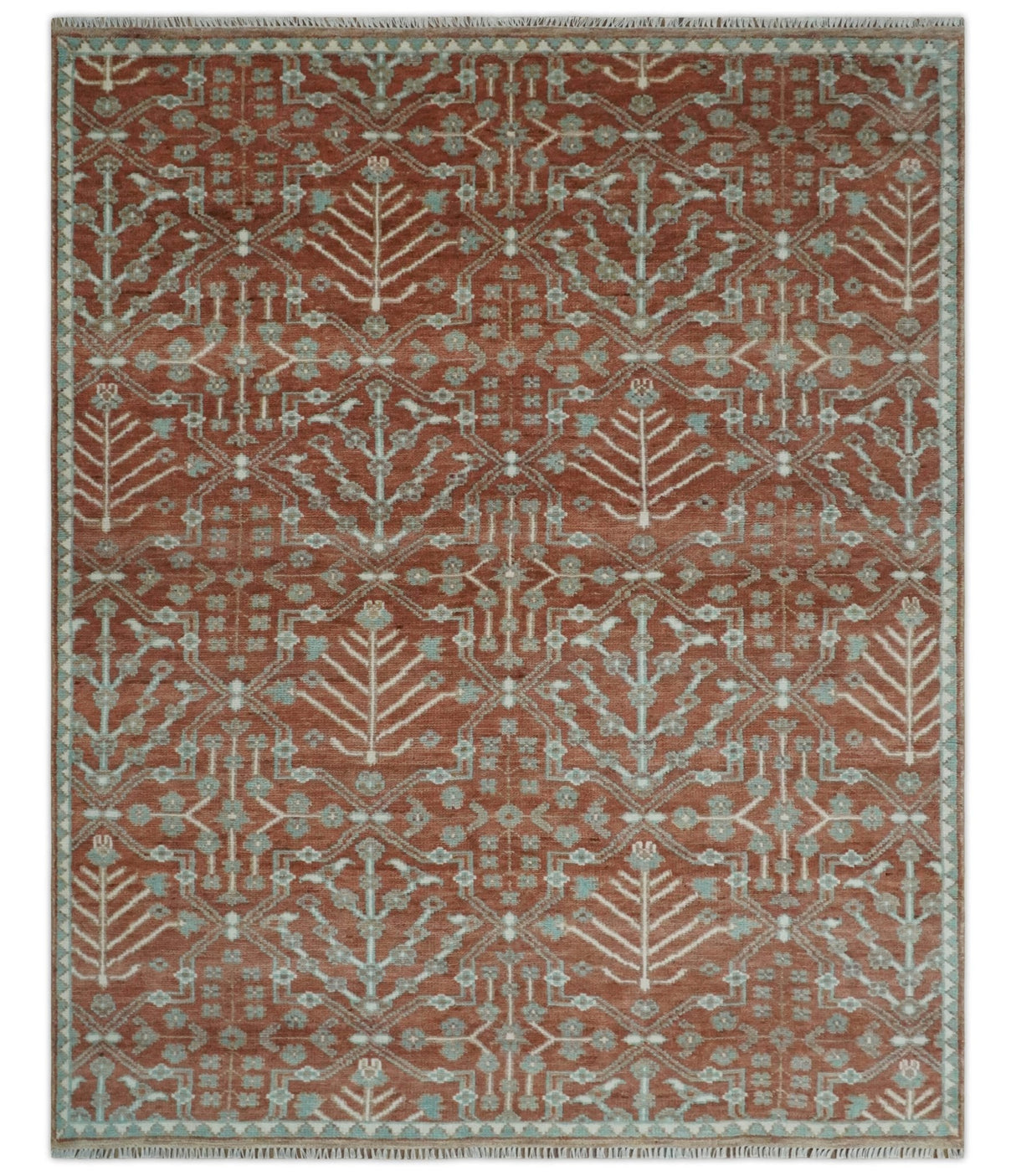 Hand knotted Multi Size Rust and Aqua Floral wool Area Rug
