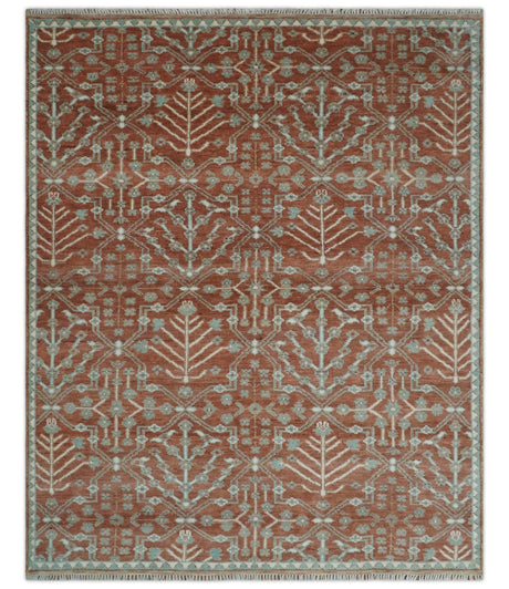 Hand knotted Multi Size Rust and Aqua Floral wool Area Rug