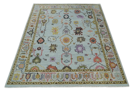 Hand Knotted Multi Size Silver and Olive Traditional Vintage Style colorful Oushak Wool Rug