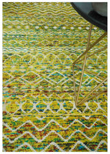 Hand Knotted Mustard, Aqua, Brown and Ivory 5.6x8.6 Modern Contemporary Southwestern Tribal Trellis Recycled Art Silk Area Rug-Area Rug-Parc Decor