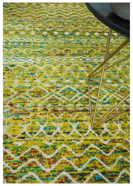 Hand Knotted Mustard, Aqua, Brown and Ivory 5.6x8.6 Modern Contemporary Southwestern Tribal Trellis Recycled Art Silk Area Rug-Area Rug-Parc Decor