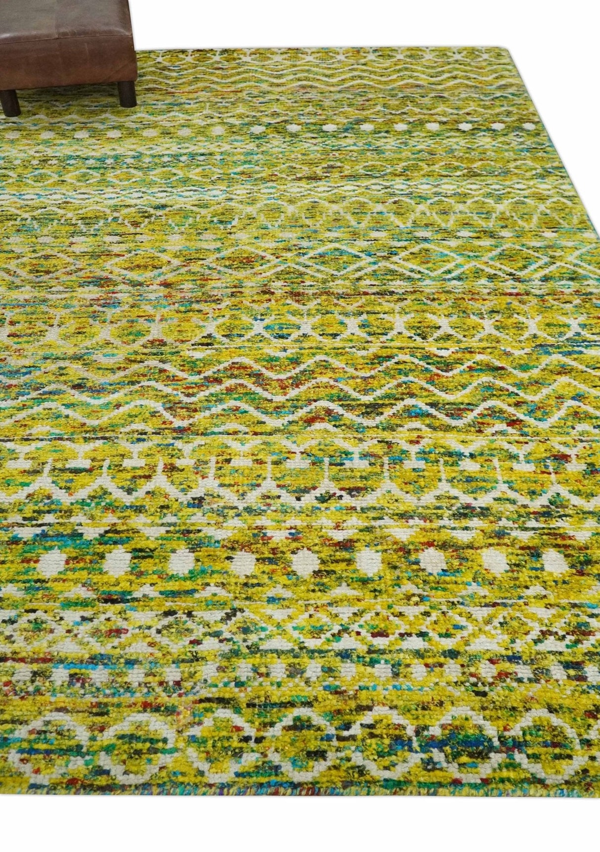 Hand Knotted Mustard, Aqua, Brown and Ivory 5.6x8.6 Modern Contemporary Southwestern Tribal Trellis Recycled Art Silk Area Rug-Area Rug-Parc Decor