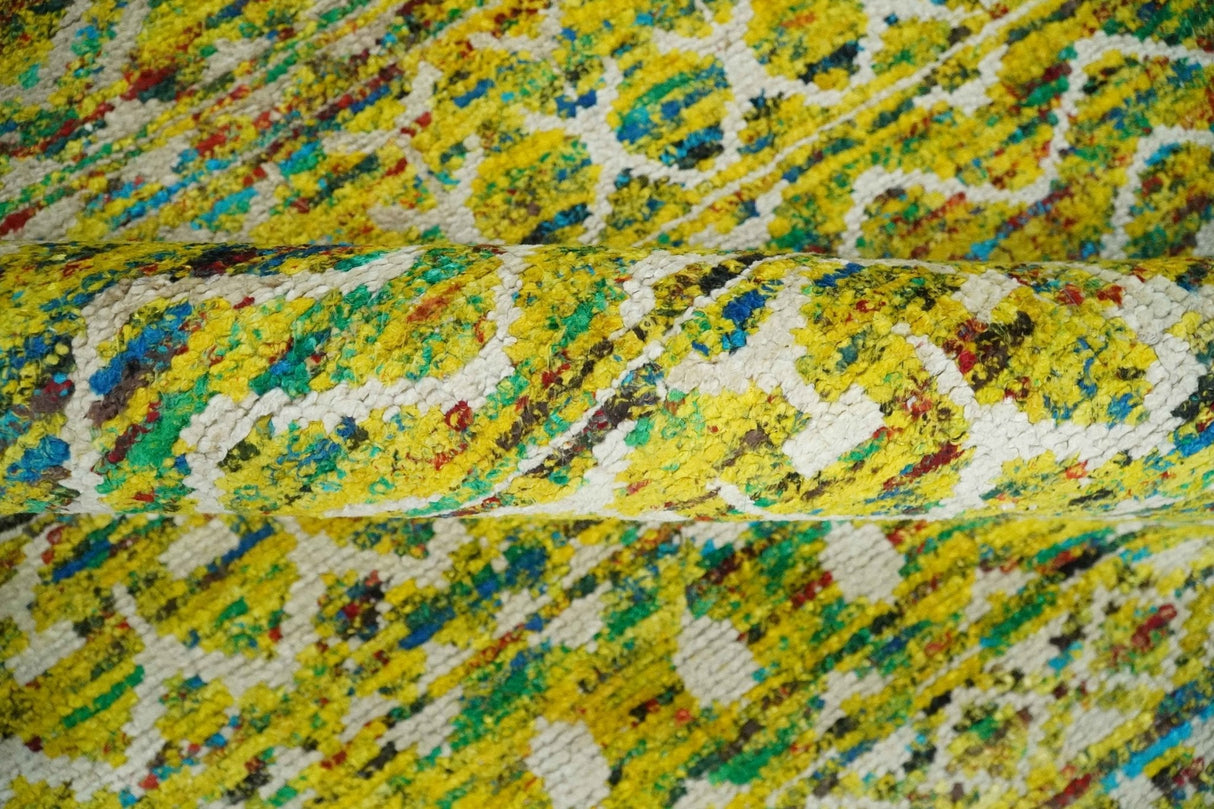 Hand Knotted Mustard, Aqua, Brown and Ivory 5.6x8.6 Modern Contemporary Southwestern Tribal Trellis Recycled Art Silk Area Rug-Area Rug-Parc Decor