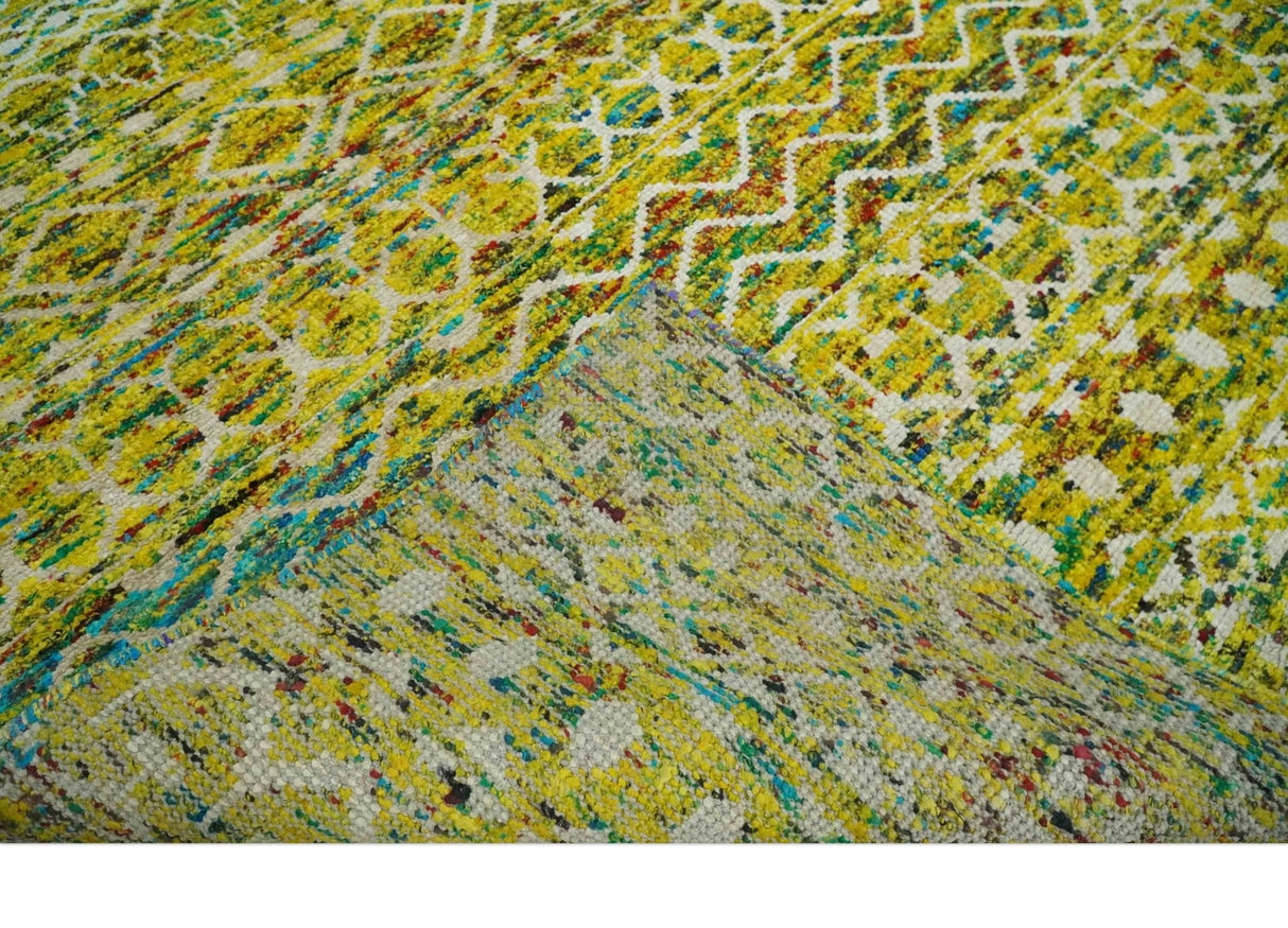 Hand Knotted Mustard, Aqua, Brown and Ivory 5.6x8.6 Modern Contemporary Southwestern Tribal Trellis Recycled Art Silk Area Rug-Area Rug-Parc Decor