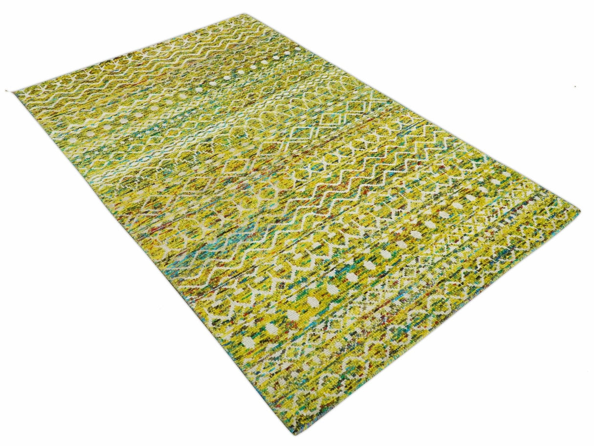 Hand Knotted Mustard, Aqua, Brown and Ivory 5.6x8.6 Modern Contemporary Southwestern Tribal Trellis Recycled Art Silk Area Rug-Area Rug-Parc Decor