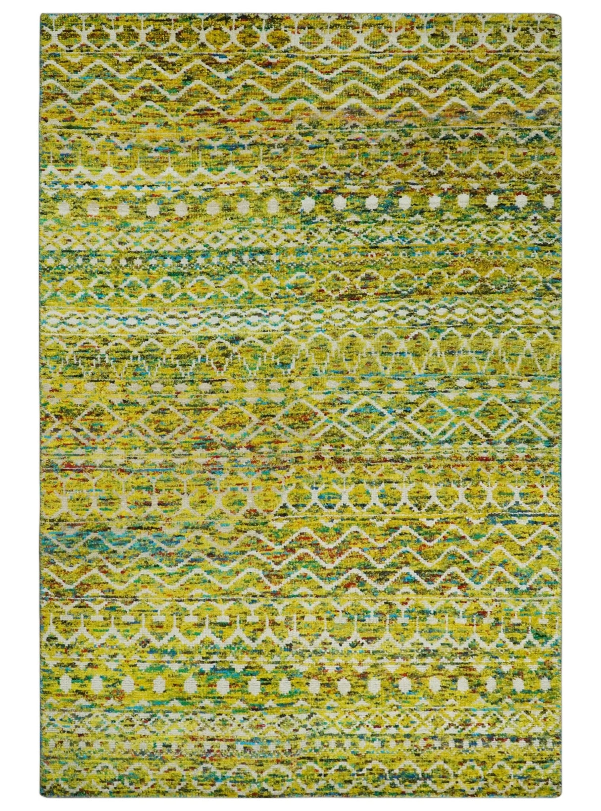 Hand Knotted Mustard, Aqua, Brown and Ivory 5.6x8.6 Modern Contemporary Southwestern Tribal Trellis Recycled Art Silk Area Rug-Area Rug-Parc Decor