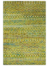 Hand Knotted Mustard, Aqua, Brown and Ivory 5.6x8.6 Modern Contemporary Southwestern Tribal Trellis Recycled Art Silk Area Rug-Area Rug-Parc Decor
