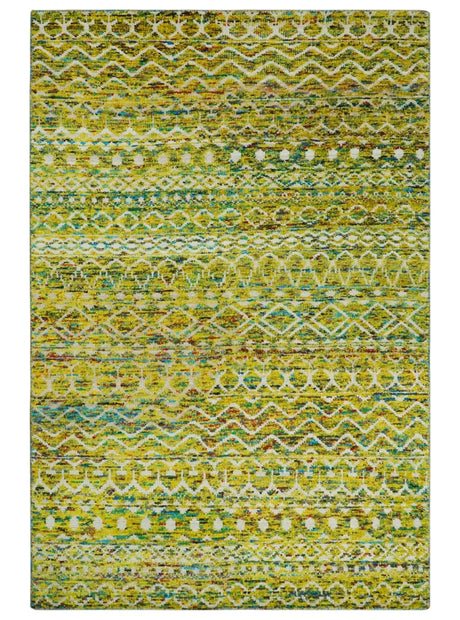 Hand Knotted Mustard, Aqua, Brown and Ivory 5.6x8.6 Modern Contemporary Southwestern Tribal Trellis Recycled Art Silk Area Rug-Area Rug-Parc Decor