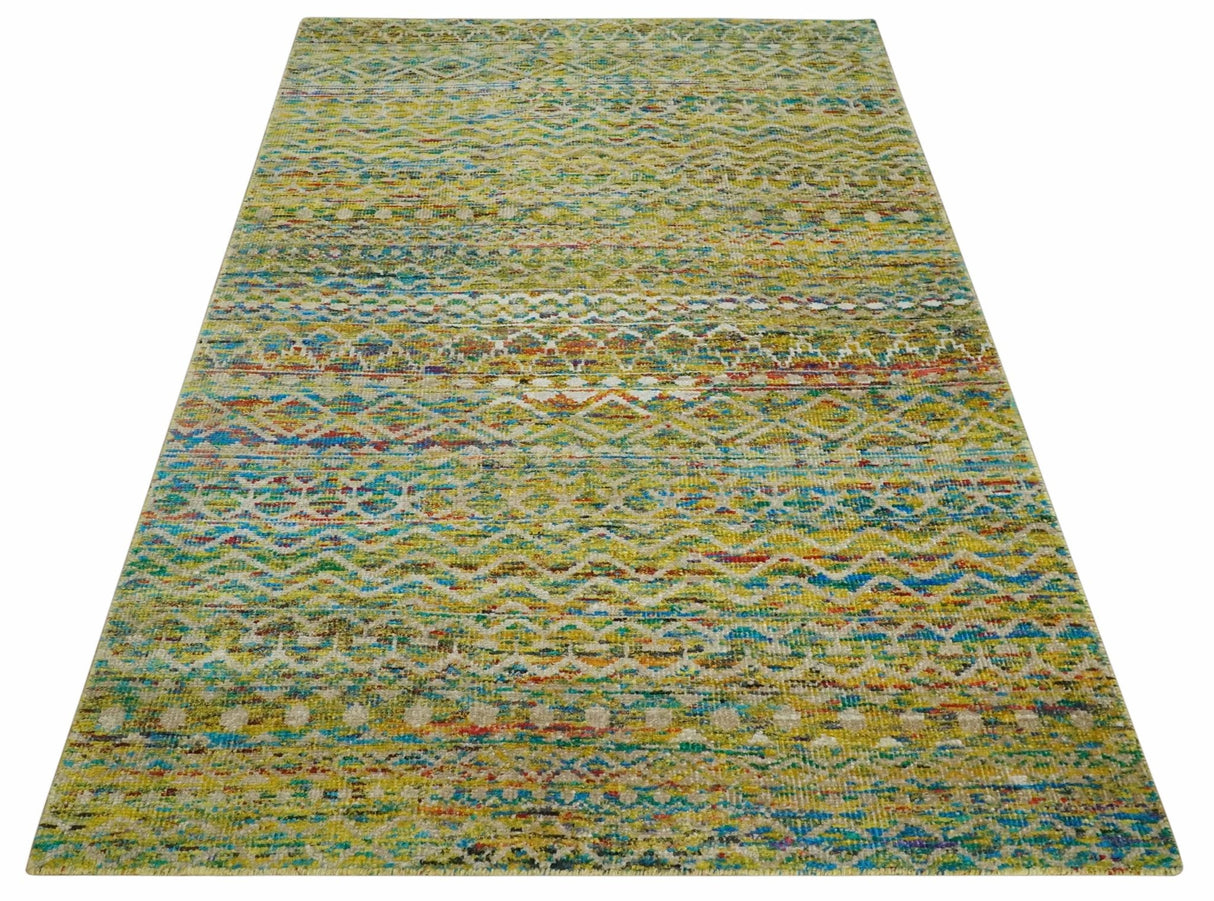 Hand Knotted Mustard, Aqua, Brown and Ivory 5.7x9 Modern Contemporary Southwestern Tribal Trellis Recycled Art Silk Area Rug-Area Rug-Parc Decor