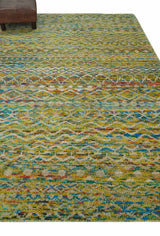 Hand Knotted Mustard, Aqua, Brown and Ivory 5.7x9 Modern Contemporary Southwestern Tribal Trellis Recycled Art Silk Area Rug-Area Rug-Parc Decor