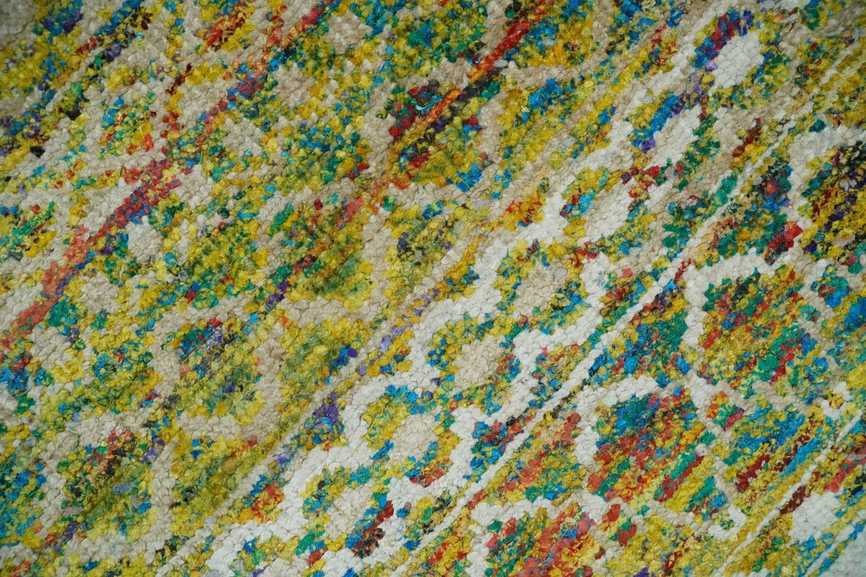 Hand Knotted Mustard, Aqua, Brown and Ivory 5.7x9 Modern Contemporary Southwestern Tribal Trellis Recycled Art Silk Area Rug-Area Rug-Parc Decor