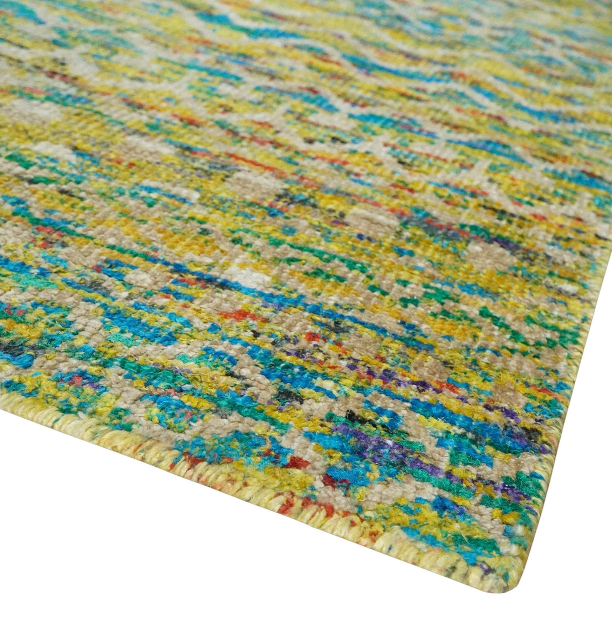 Hand Knotted Mustard, Aqua, Brown and Ivory 5.7x9 Modern Contemporary Southwestern Tribal Trellis Recycled Art Silk Area Rug-Area Rug-Parc Decor