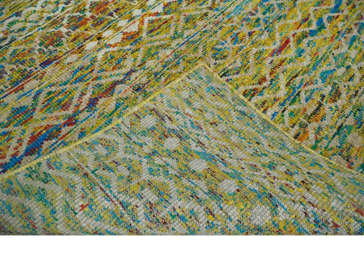 Hand Knotted Mustard, Aqua, Brown and Ivory 5.7x9 Modern Contemporary Southwestern Tribal Trellis Recycled Art Silk Area Rug-Area Rug-Parc Decor