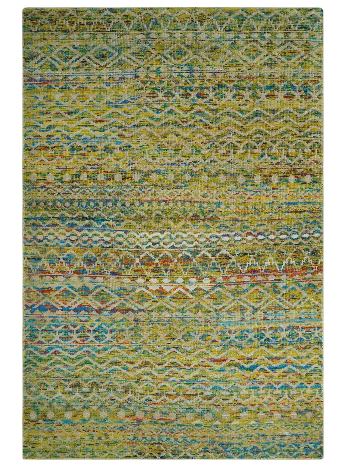 Hand Knotted Mustard, Aqua, Brown and Ivory 5.7x9 Modern Contemporary Southwestern Tribal Trellis Recycled Art Silk Area Rug-Area Rug-Parc Decor
