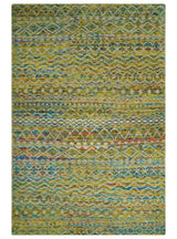 Hand Knotted Mustard, Aqua, Brown and Ivory 5.7x9 Modern Contemporary Southwestern Tribal Trellis Recycled Art Silk Area Rug-Area Rug-Parc Decor