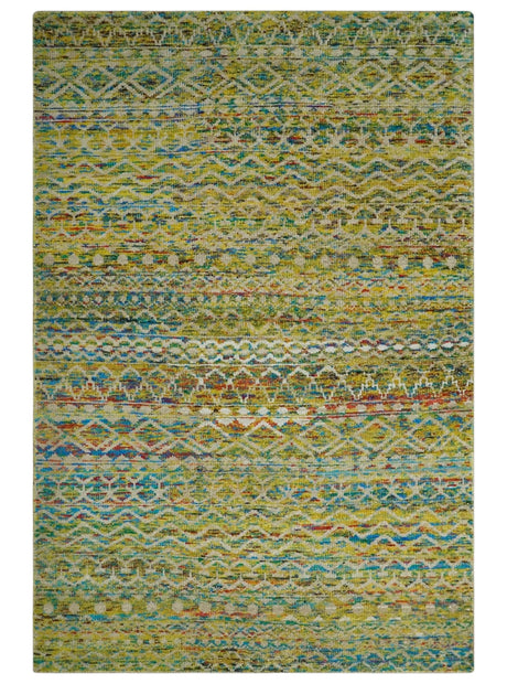 Hand Knotted Mustard, Aqua, Brown and Ivory 5.7x9 Modern Contemporary Southwestern Tribal Trellis Recycled Art Silk Area Rug-Area Rug-Parc Decor