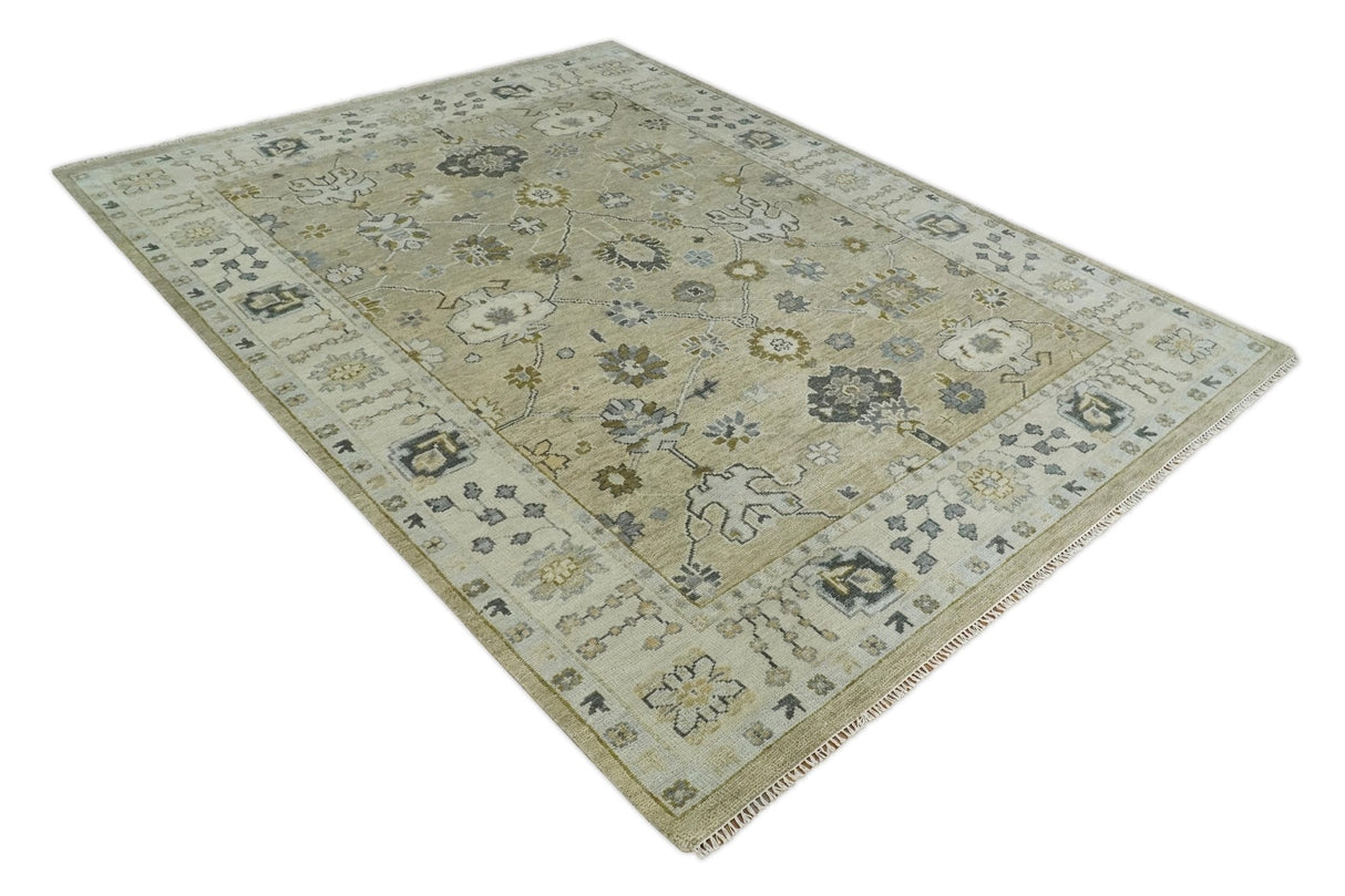 Hand Knotted Olive and Beige Traditional Oushak Multi Size Wool Area Rug