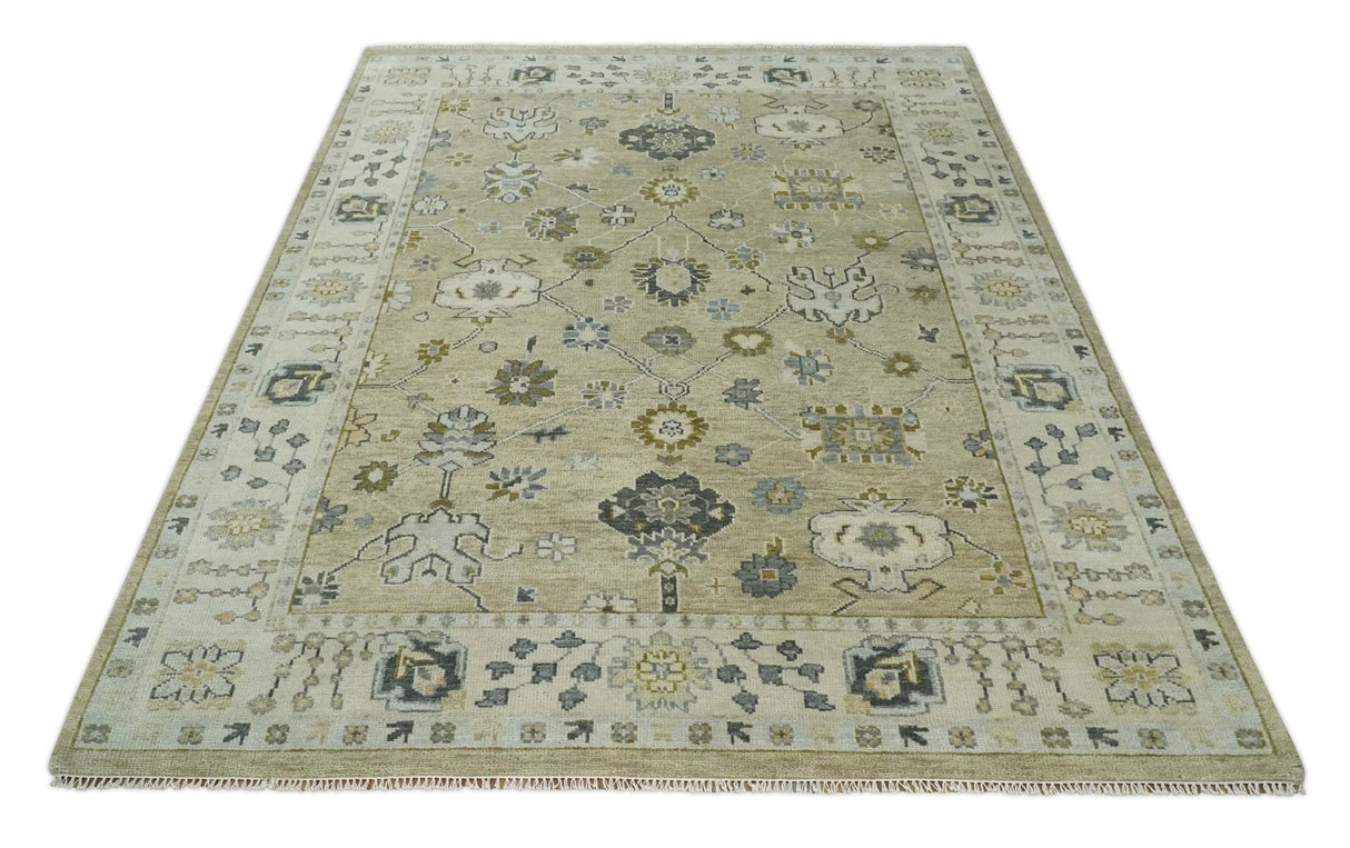 Hand Knotted Olive and Beige Traditional Oushak Multi Size Wool Area Rug