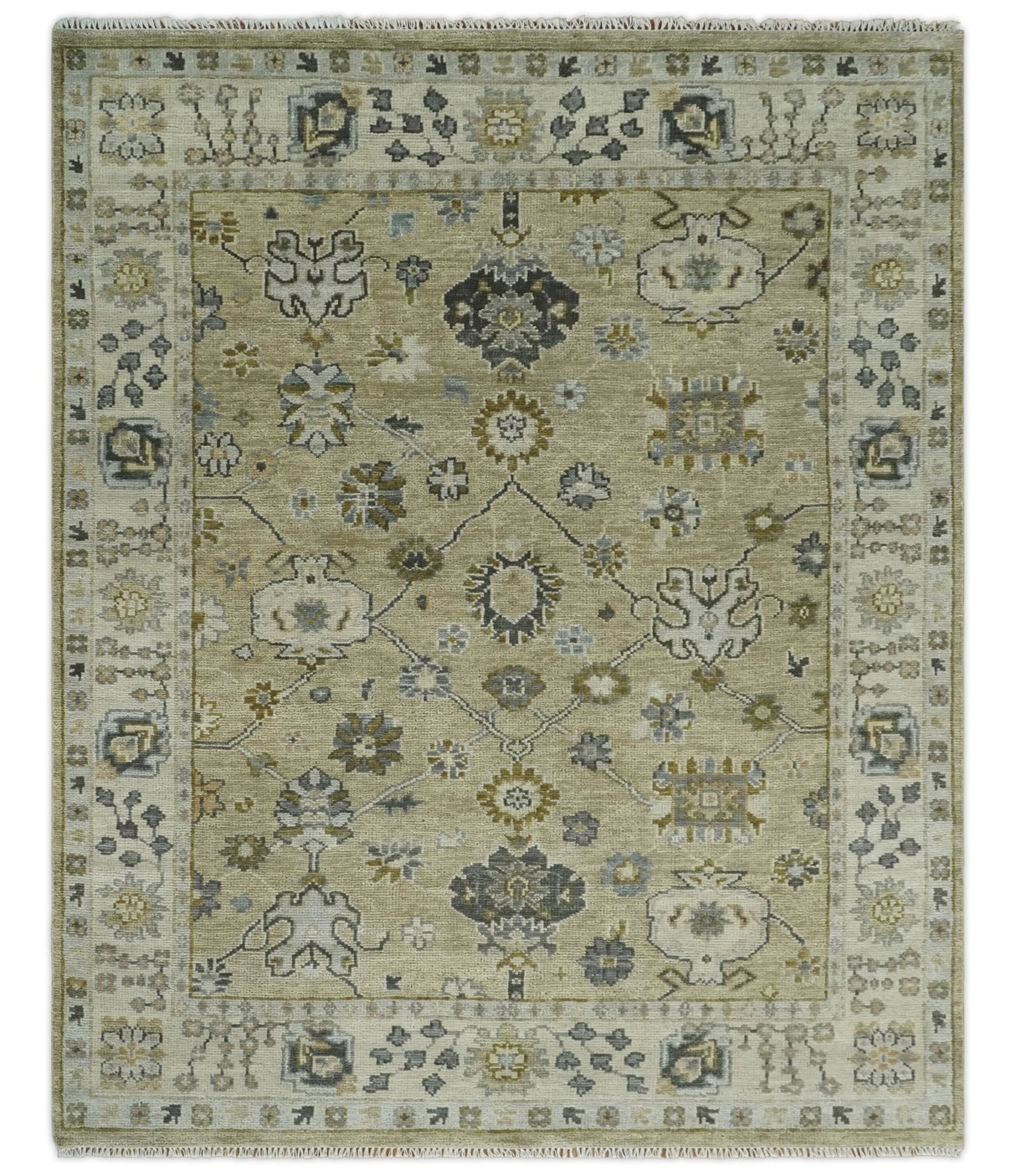 Hand Knotted Olive and Beige Traditional Oushak Multi Size Wool Area Rug