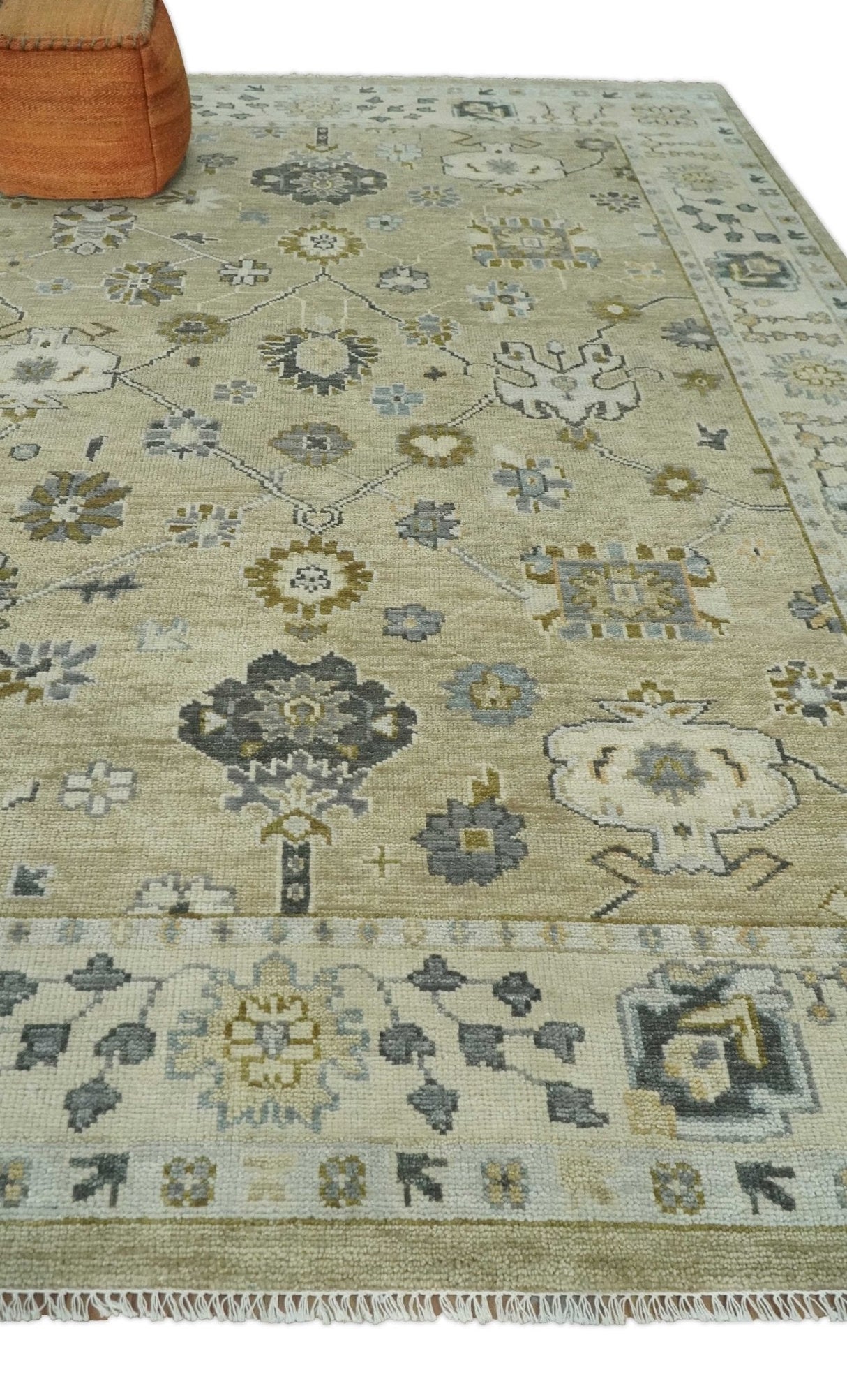 Hand Knotted Olive and Beige Traditional Oushak Multi Size Wool Area Rug