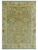 Hand Knotted Olive and Ivory Traditional Oushak Wool Rug