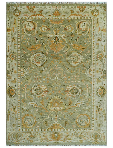 Hand Knotted Olive and Ivory Traditional Oushak Wool Rug