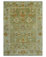 Hand Knotted Olive and Ivory Traditional Oushak Wool Rug