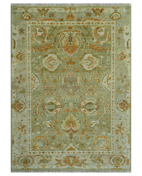 Hand Knotted Olive and Ivory Traditional Oushak Wool Rug
