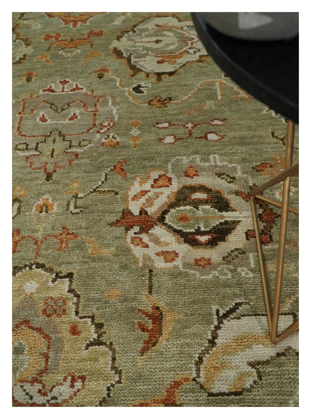 Hand Knotted Olive and Ivory Traditional Oushak Wool Rug