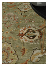 Hand Knotted Olive and Ivory Traditional Oushak Wool Rug