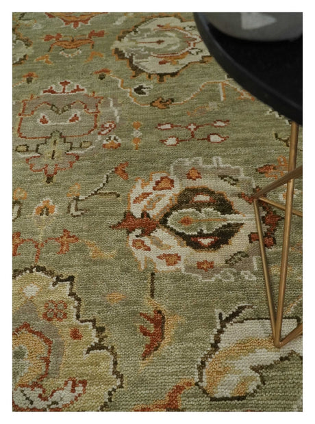 Hand Knotted Olive and Ivory Traditional Oushak Wool Rug