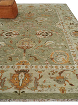 Hand Knotted Olive and Ivory Traditional Oushak Wool Rug