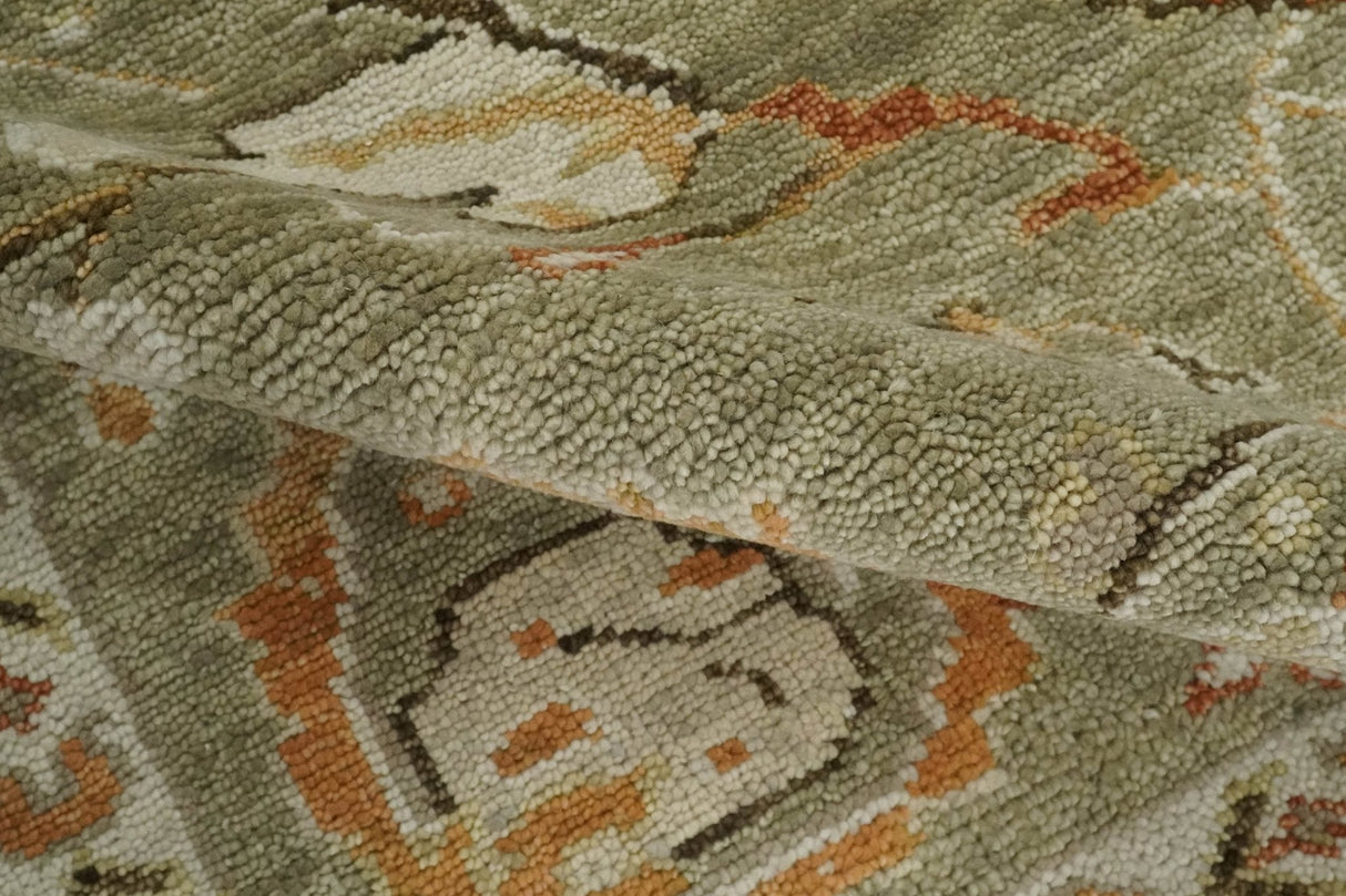 Hand Knotted Olive and Ivory Traditional Oushak Wool Rug