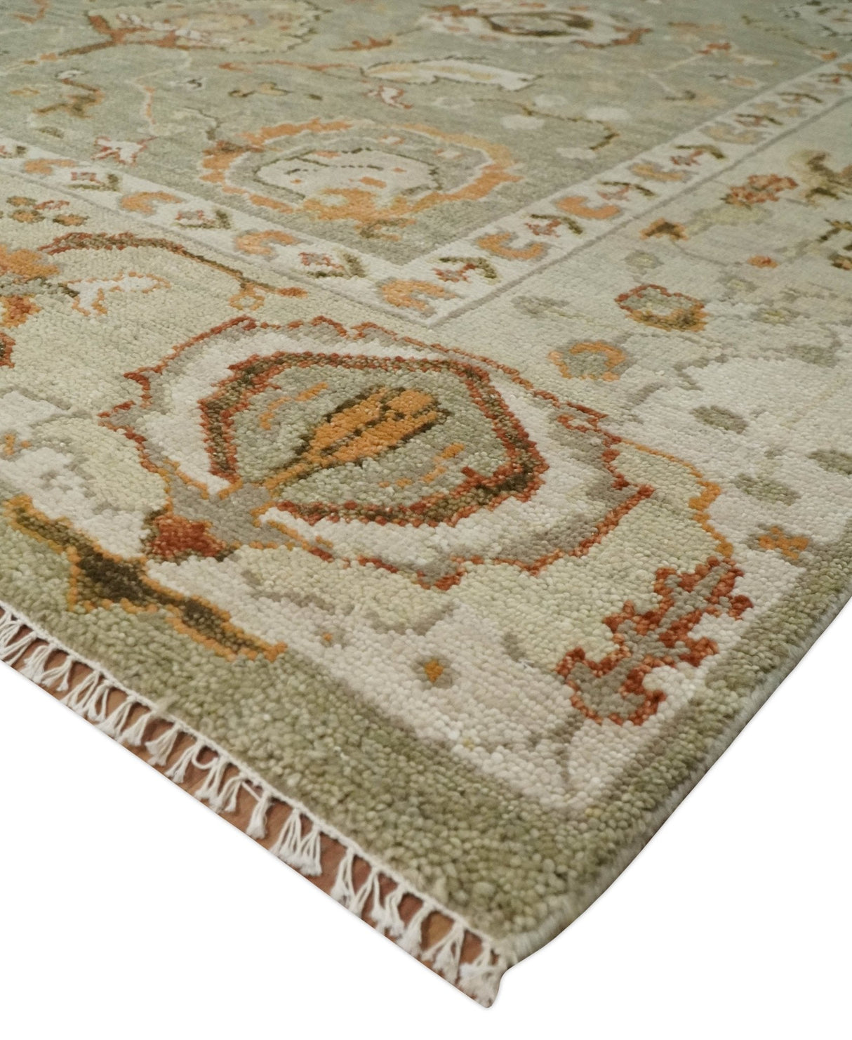 Hand Knotted Olive and Ivory Traditional Oushak Wool Rug