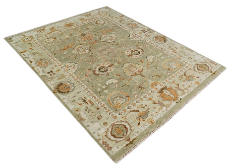 Hand Knotted Olive and Ivory Traditional Oushak Wool Rug
