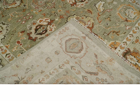 Hand Knotted Olive and Ivory Traditional Oushak Wool Rug