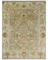 Hand Knotted Olive and Ivory Traditional Oushak Wool Rug