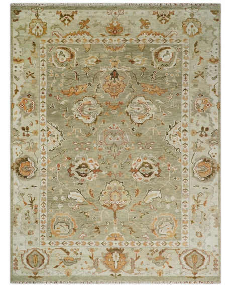 Hand Knotted Olive and Ivory Traditional Oushak Wool Rug