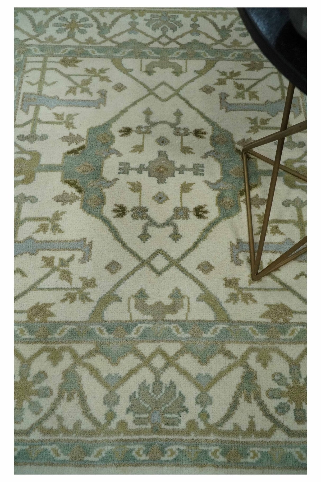 Hand Knotted Oriental Oushak Ivory and Teal Wool Area Rug