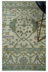 Hand Knotted Oriental Oushak Ivory and Teal Wool Area Rug