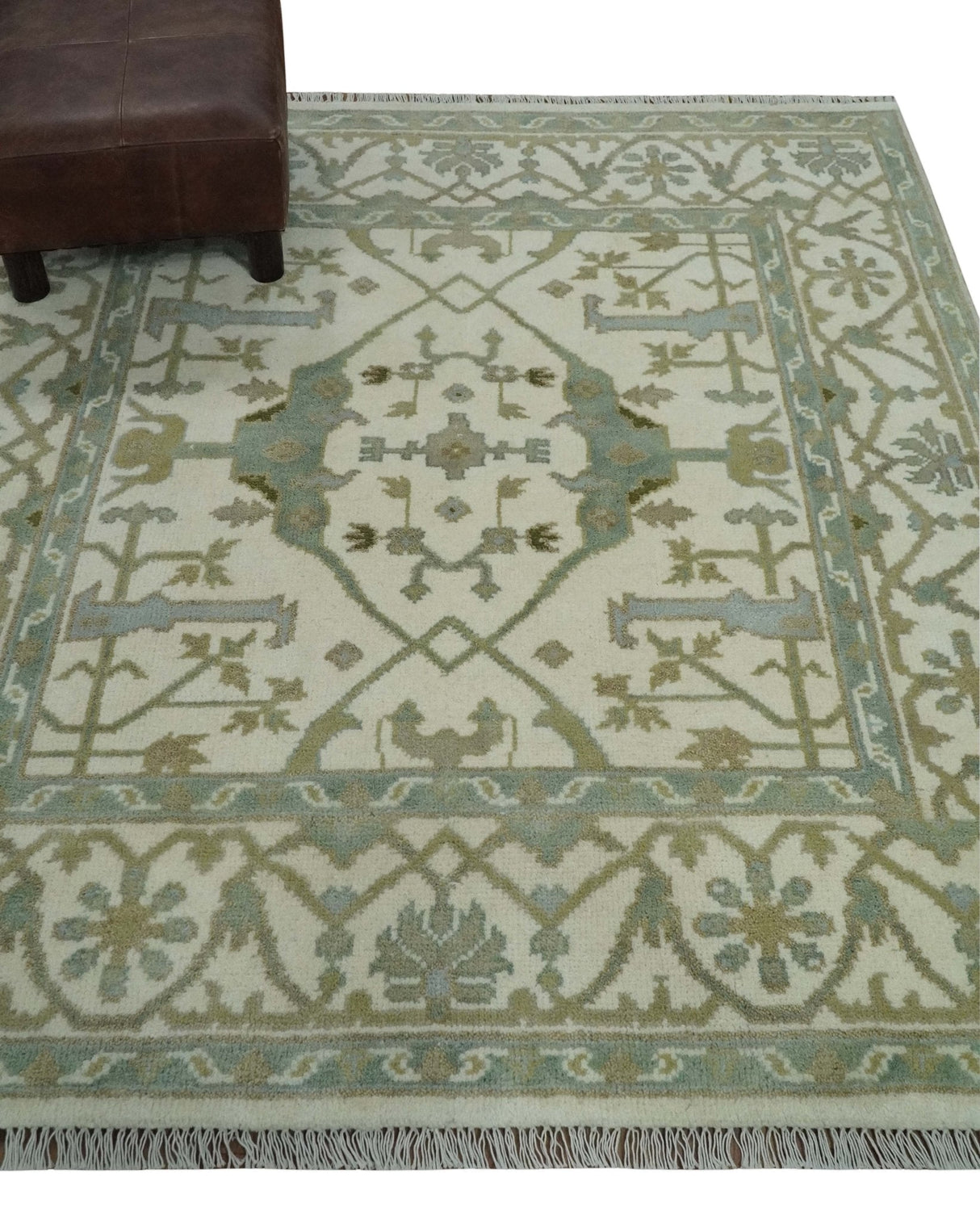 Hand Knotted Oriental Oushak Ivory and Teal Wool Area Rug