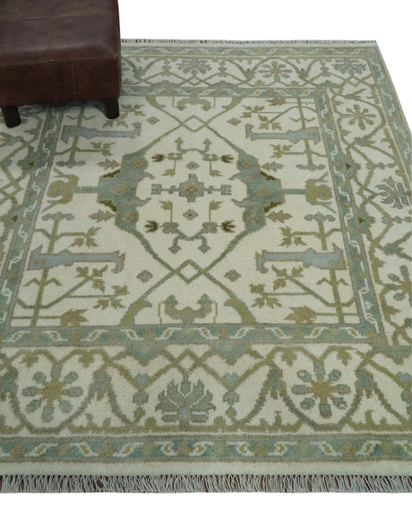 Hand Knotted Oriental Oushak Ivory and Teal Wool Area Rug