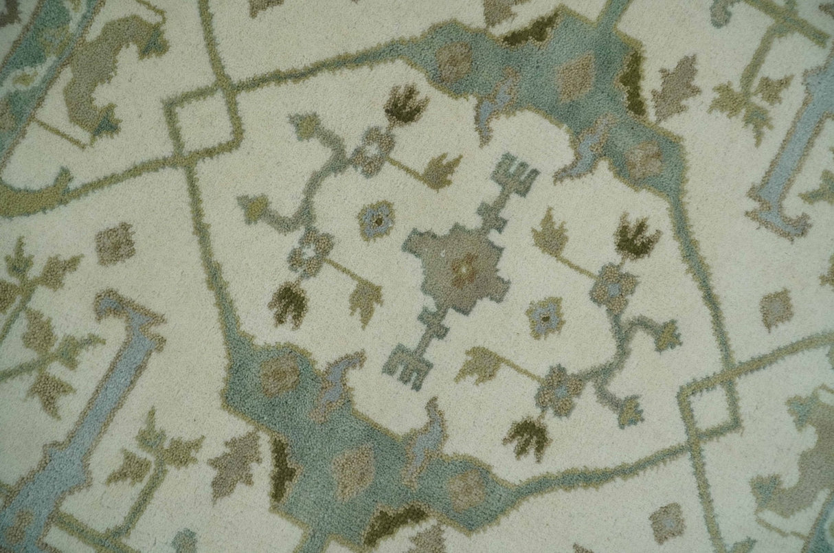 Hand Knotted Oriental Oushak Ivory and Teal Wool Area Rug