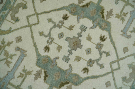Hand Knotted Oriental Oushak Ivory and Teal Wool Area Rug
