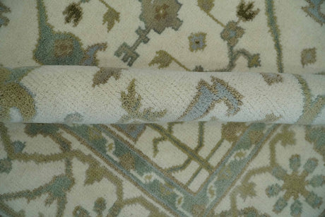 Hand Knotted Oriental Oushak Ivory and Teal Wool Area Rug