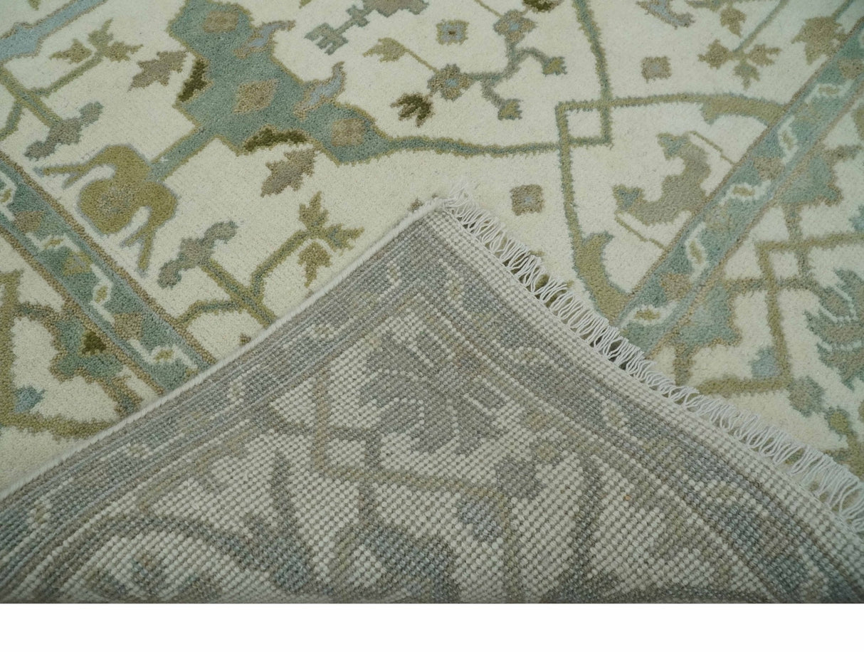 Hand Knotted Oriental Oushak Ivory and Teal Wool Area Rug