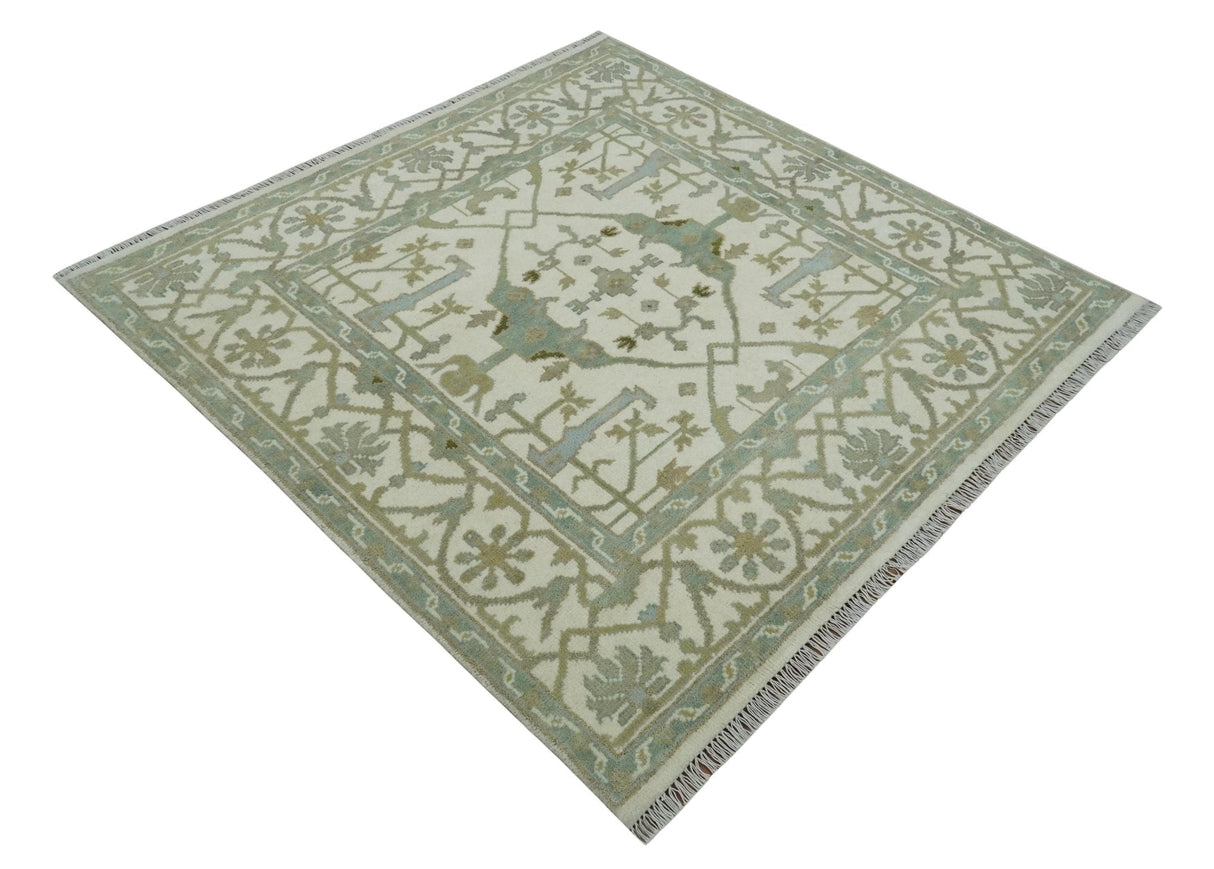 Hand Knotted Oriental Oushak Ivory and Teal Wool Area Rug