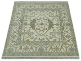 Hand Knotted Oriental Oushak Ivory and Teal Wool Area Rug