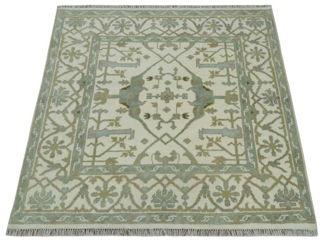 Hand Knotted Oriental Oushak Ivory and Teal Wool Area Rug